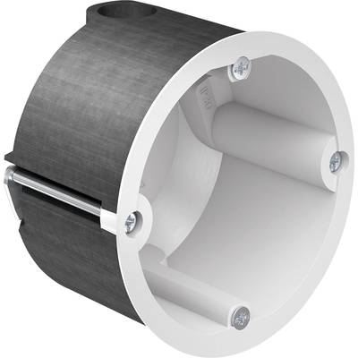 Een rond kunststof behuizing met metalen schroefverbinding, vaak gebruikt voor montage in bouwinstallaties.