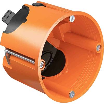 Een oranje apparaatdoos, cilindrisch van vorm, met openingen aan de zijkanten en schroeven voor bevestiging.