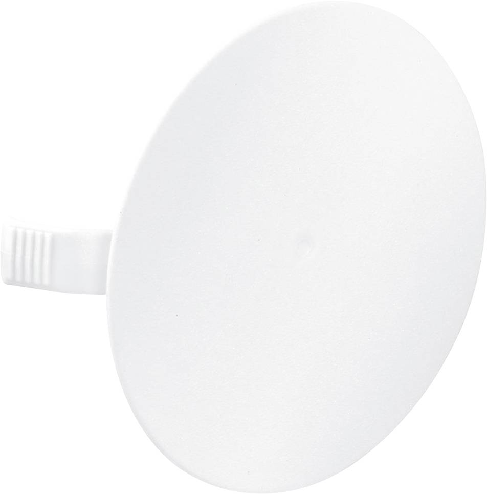 Een witte, ronde deurstopper met handgreep, te monteren aan een muur of deur, voorkomt dat deuren tegen de muur slaan.