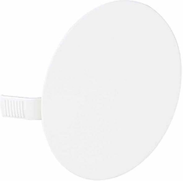Een wit, rond, plat voorwerp met een korte, geribde uitstulping aan de zijkant.