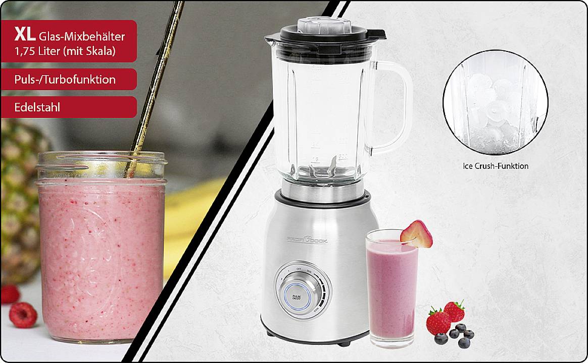 Een mixer met een 1,75-liter glazen kom en behuizing van roestvrij staal. Functies: Pulse/Turbo en IJscrusher. Naast de mixer een fruit smoothie.