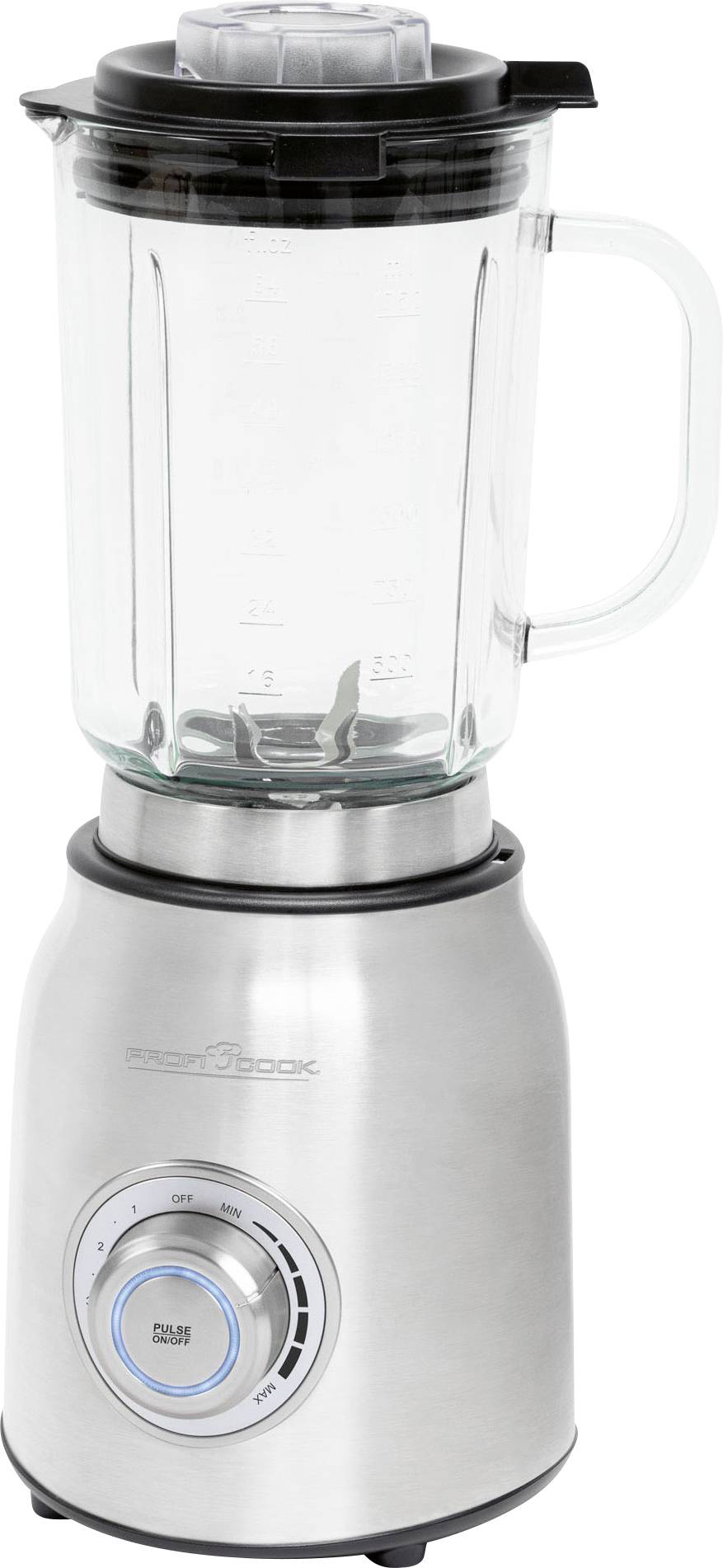Zilveren staande blender met glazen kom en draaiknop, geschikt voor het bereiden van smoothies en soepen.
