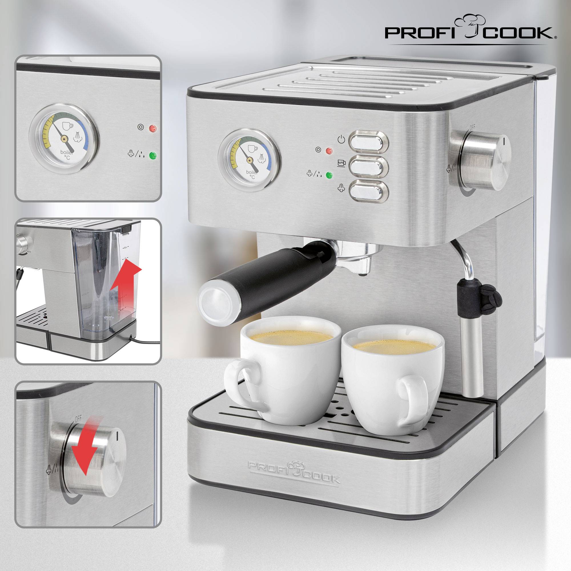 Espressomachine van roestvrij staal met twee gevulde kopjes, manometer en stoomkraantje. Toont waterreservoir en knop in detail.
