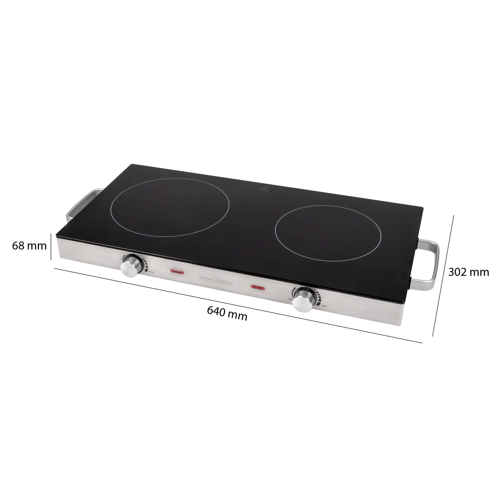 Twee glaskeramische kookplaten met roestvrijstalen behuizing, 2800 Watt. Op de achtergrond een ontbijt met brood, kaas, paprika en een gebakken ei-gerecht.