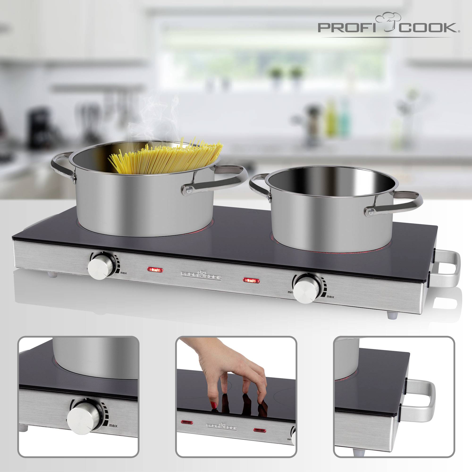 Twee kookpannen op een dubbele kookplaat in een moderne keuken. Een hand wijst naar de temperatuurknoppen.