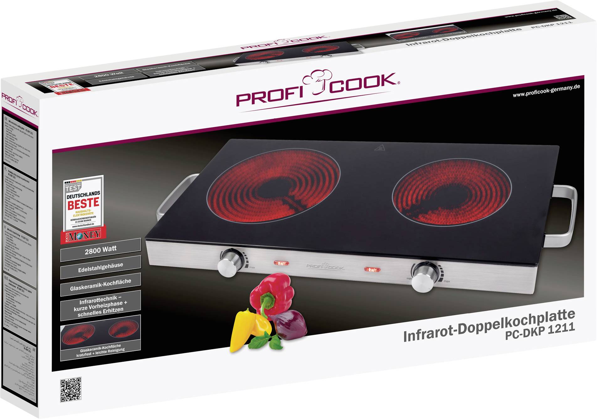 Infrarood dubbele kookplaat met twee kookzones. Verpakking toont het model PC-DKP 1211 van Profi Cook en aangeprezen onderscheidingen.