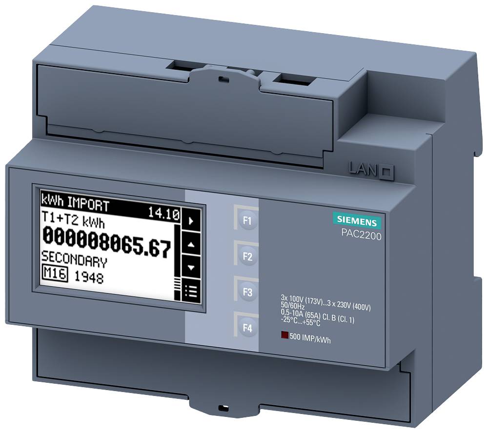 Elektriciteitsmeter met digitaal display toont 'kWh IMPORT 000000865.67'. Fabrikantlogo 'Siemens'.