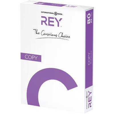 Een pak wit kopieerpapier van het merk REY 'The Conscious Choice', 80 g/m², A4-formaat, 500 vel, paars en wit design.