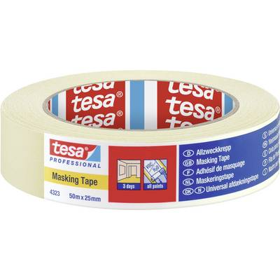 Beige plakbandrol van 'tesa' op witte achtergrond, met etiketgegevens in meerdere talen, waaronder 'Masking Tape', 50m x 25mm.