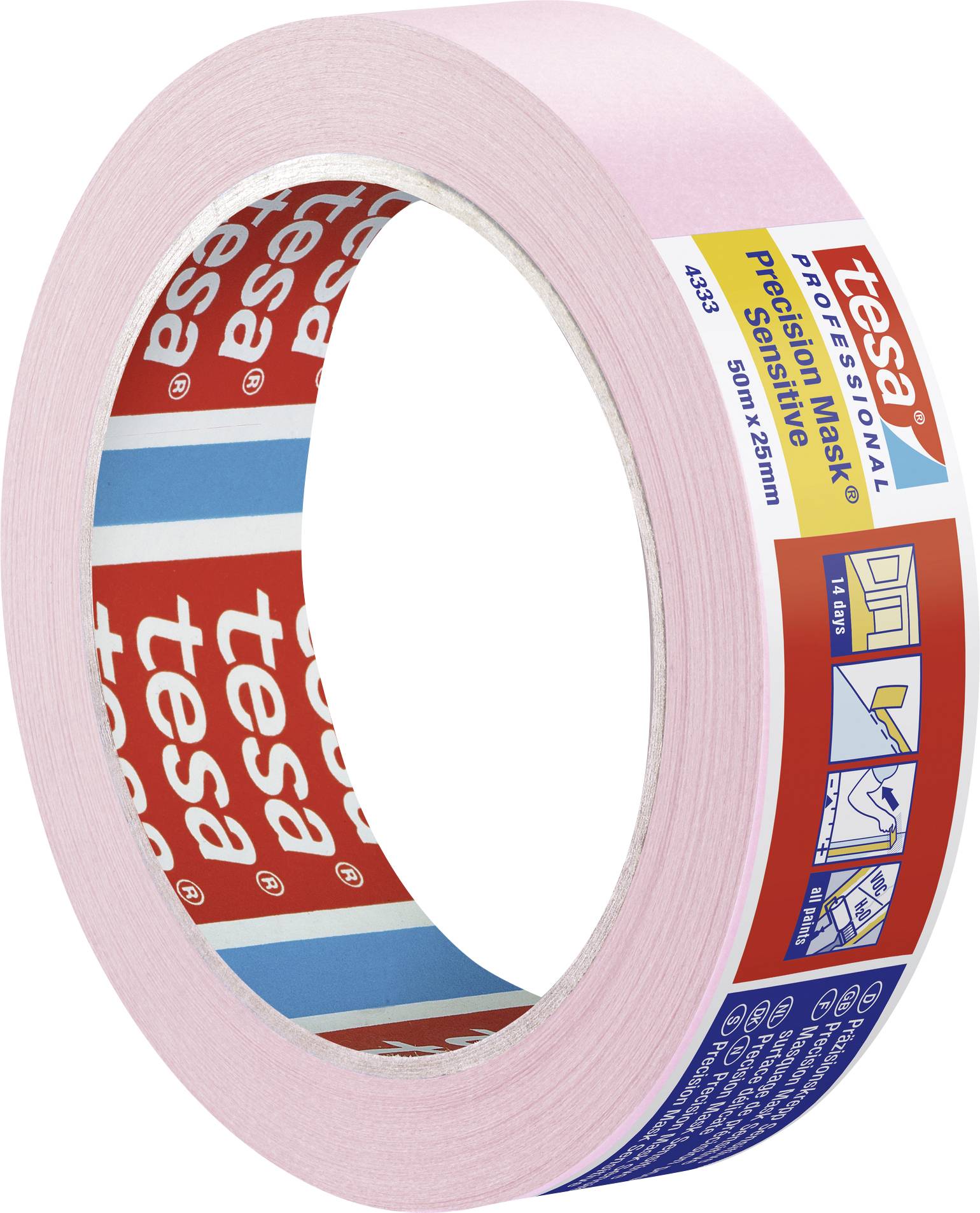 'Roze afdekband van Tesa, 50m x 25mm, voor precisie afdekken bij schilderwerkzaamheden.'