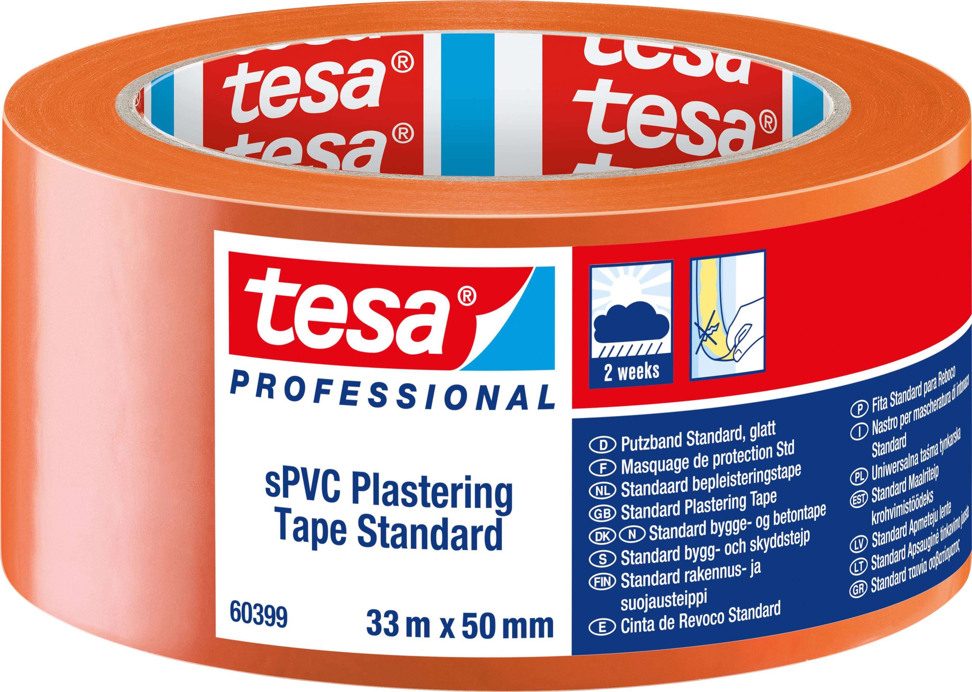 'Rol Tesa afplakband standaard, oranje, 33m x 50mm, voor gladde oppervlakken. Geschikt voor binnen/buiten, tot 2 weken UV-bestendig.'