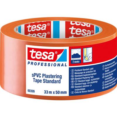 'Rol Tesa afplakband standaard, oranje, 33m x 50mm, voor gladde oppervlakken. Geschikt voor binnen/buiten, tot 2 weken UV-bestendig.'
