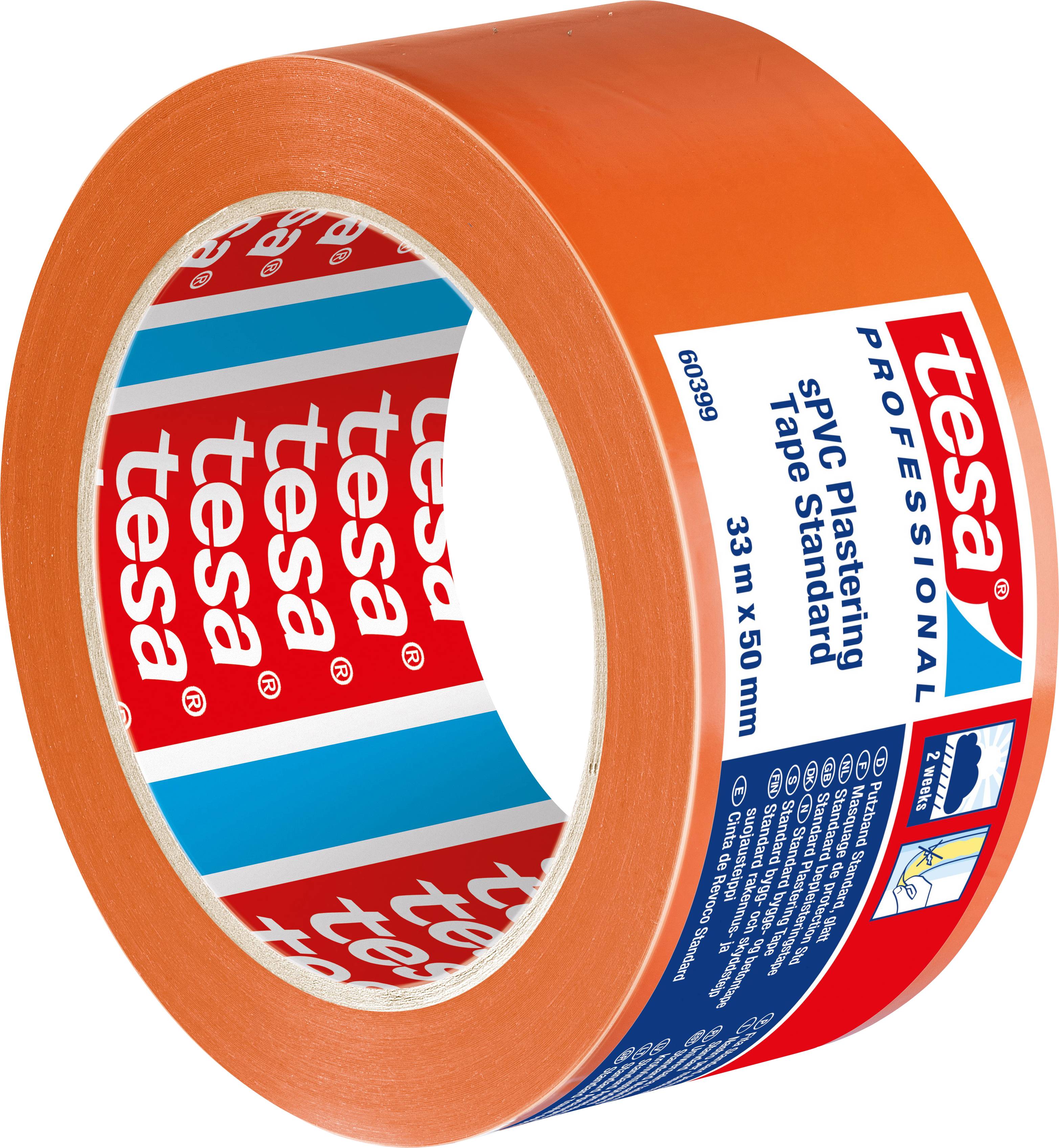 Een oranje rol plakband van het merk tesa met de opdruk 'PV2 Plastering Tape Standard', geschikt voor het afplakken.