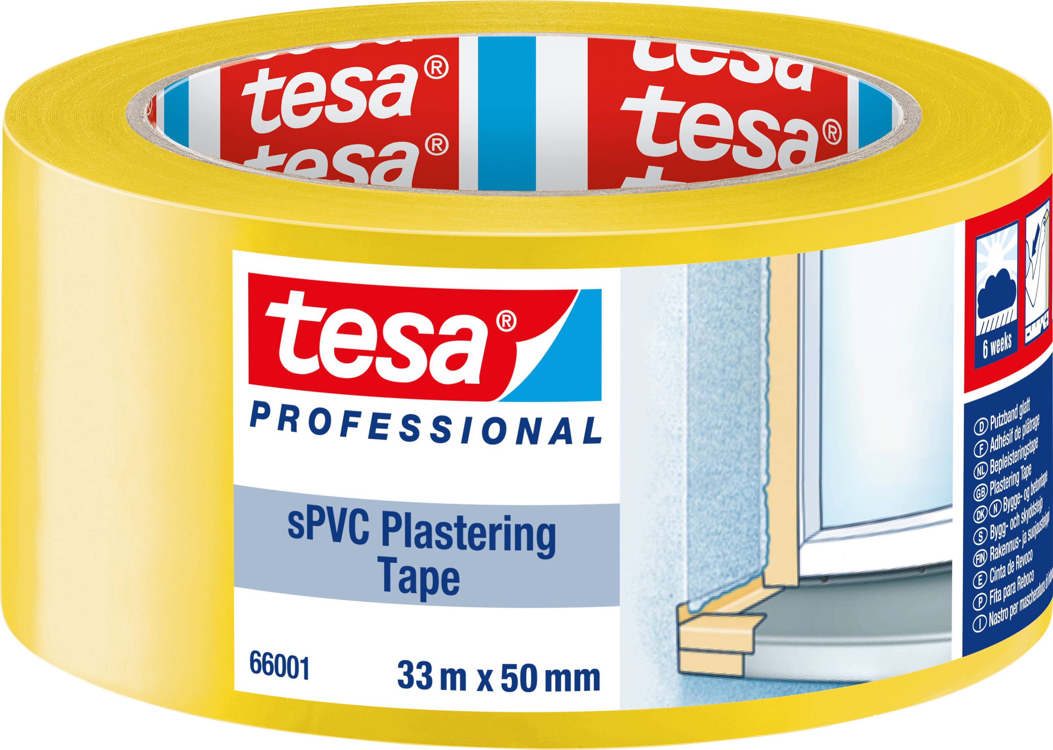 Gele rol met 'tesa' plakbandmerk en opschrift 'sPVC Pleisterband'. Afmeting: 33 m x 50 mm. Verpakking toont vensterraam.