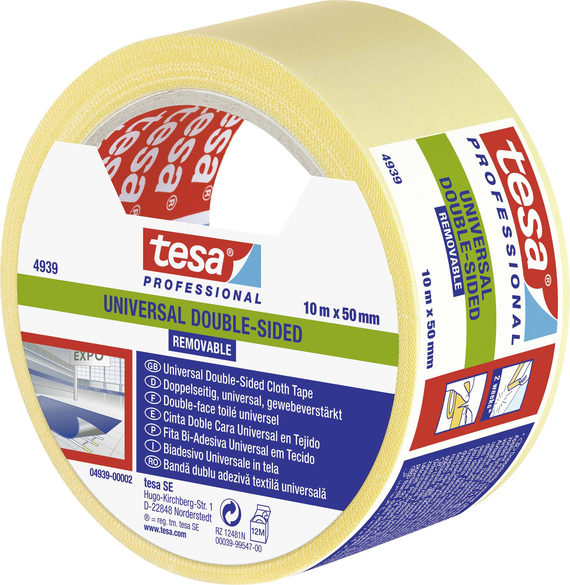 Dubbelzijdig universeel weefselband van Tesa, 10 m x 50 mm. Opnieuw verwijderbaar. Verpakking toont toepassingsvoorbeelden en productdetails.