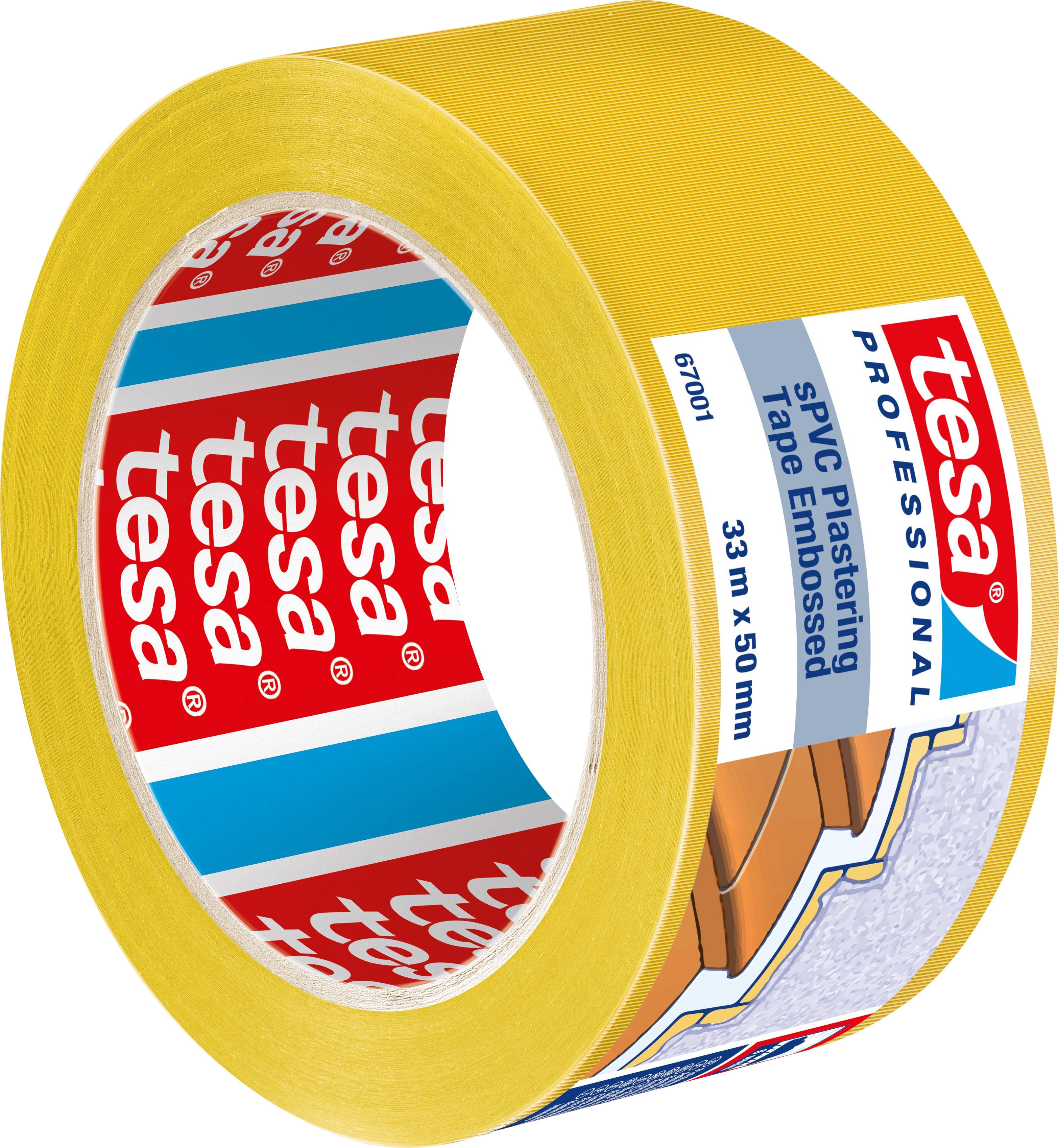 Geel plakband 'tesa Professional PVC Pleistertape Geprofileerd', 33 m x 50 mm, voor professionele toepassingen.