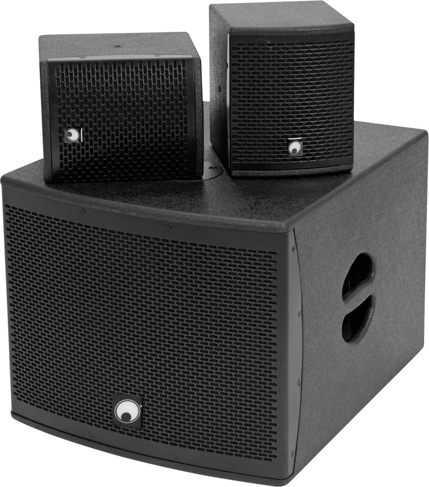 Een luidsprekersysteem met een grote subwoofer en twee kleinere speakers erop. Geschikt voor hoogwaardige audio-weergave.