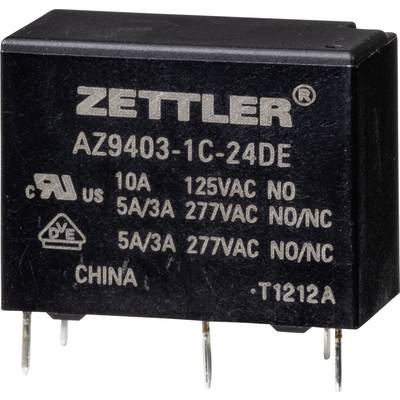 Een rechthoekig relais van ZETTLER met modelnummer AZ9403-1C-24DE. Het toont technische specificaties voor spanning en stroomsterkte.
