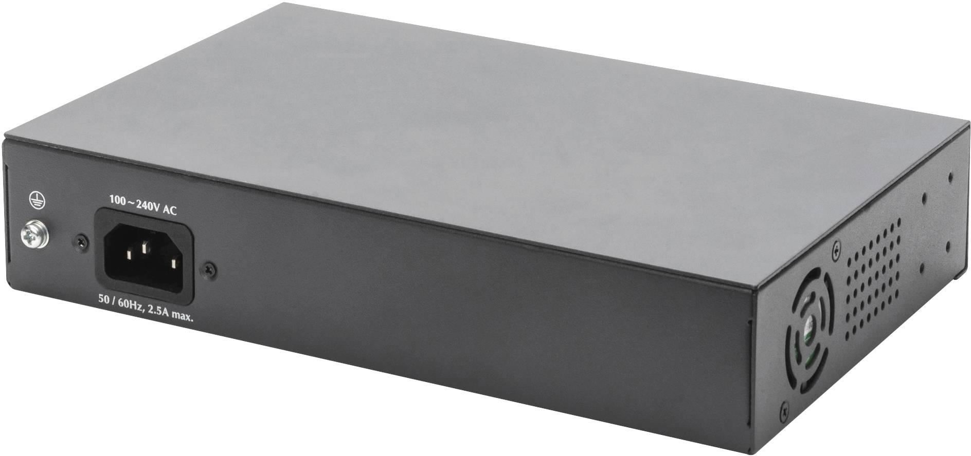 Zwarte, rechthoekige voedingsdoos met ventilatiesleuven en stroomaansluiting aan de achterkant, geschikt voor 100-240V AC.