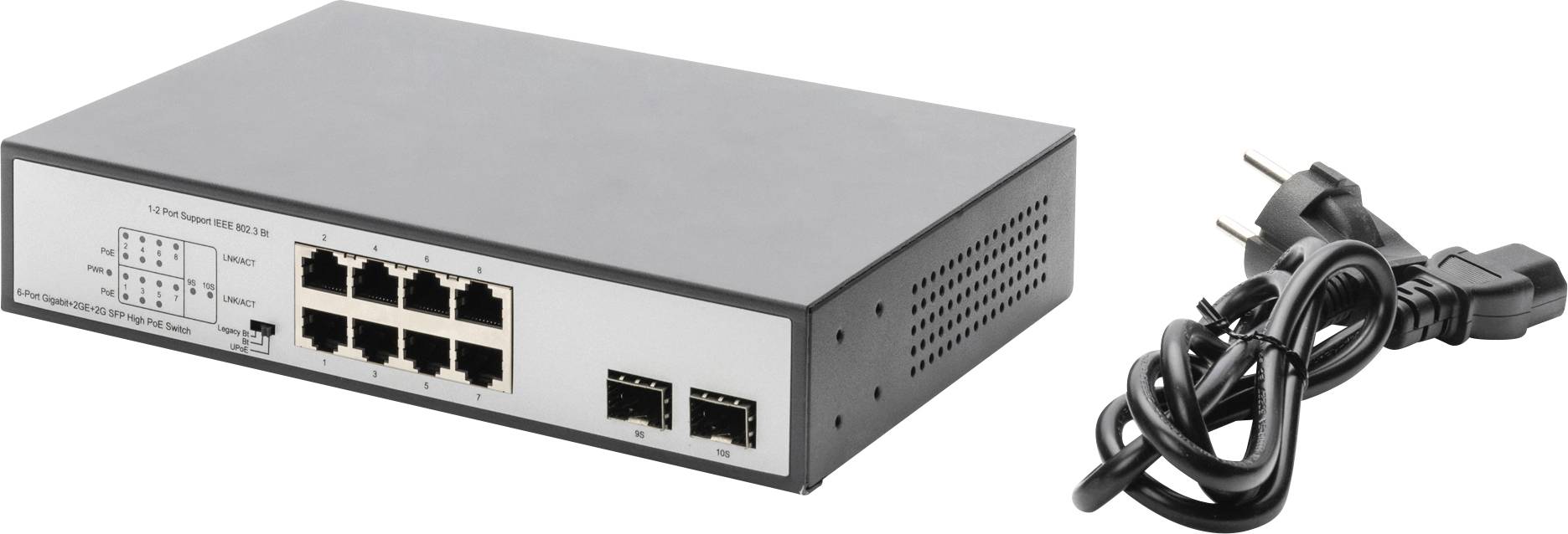 Netswitch met acht Ethernet-poorten en twee glasvezelpoorten, naast een zwart stroomkabel.