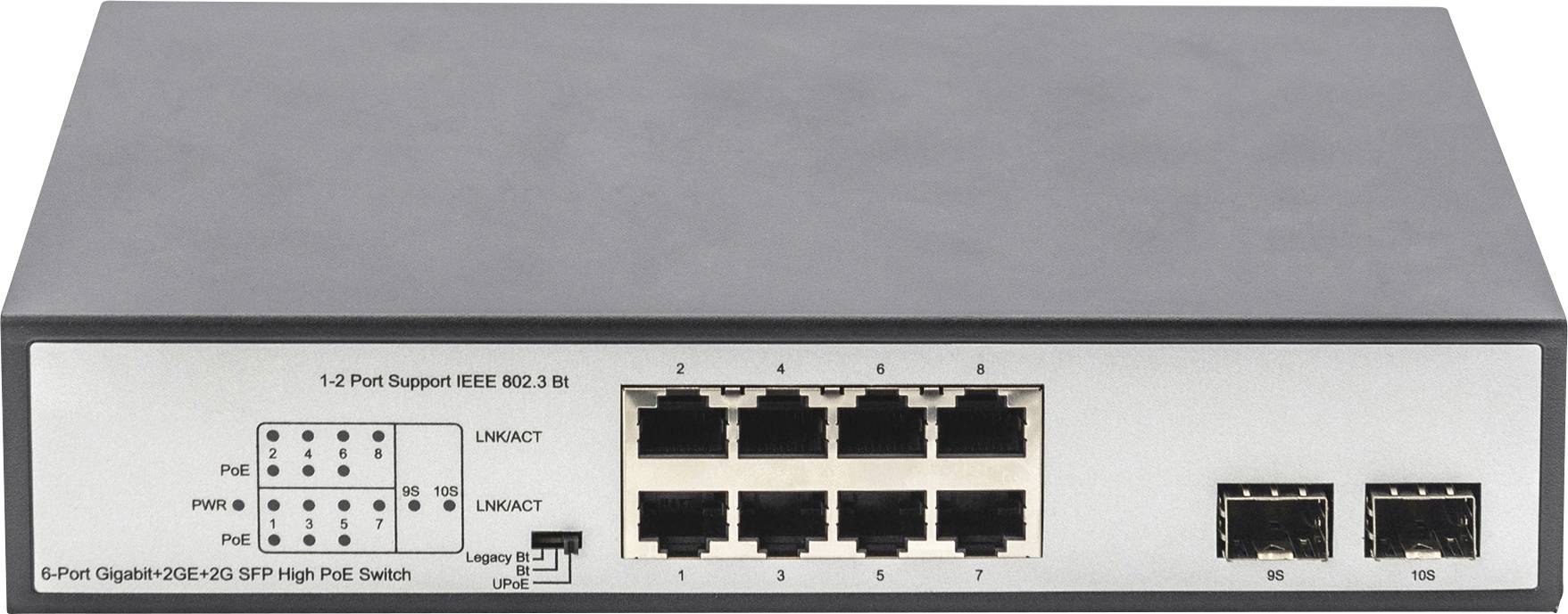 Een 8-poorts Gigabit Ethernet-switch met twee SFP-poorten, model '5-Port-Gigabit-802.3bt'. Vooraanzicht met poort-LED's en labels.