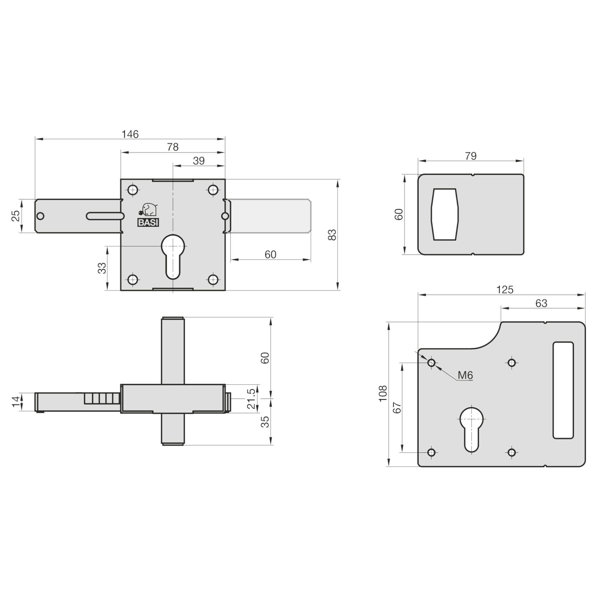 Technische tekening van een deurslot met afmetingen in millimeters, toont vooraanzicht, bovenaanzicht en zijaanzicht.