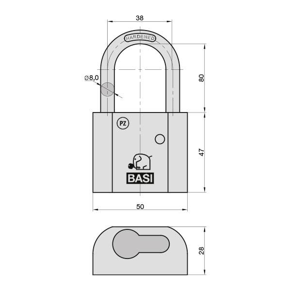 De afbeelding toont een technische tekening van een hangslot met afmetingen in millimeters. Bovenaan de beugel, onderaan de slotbehuizing.