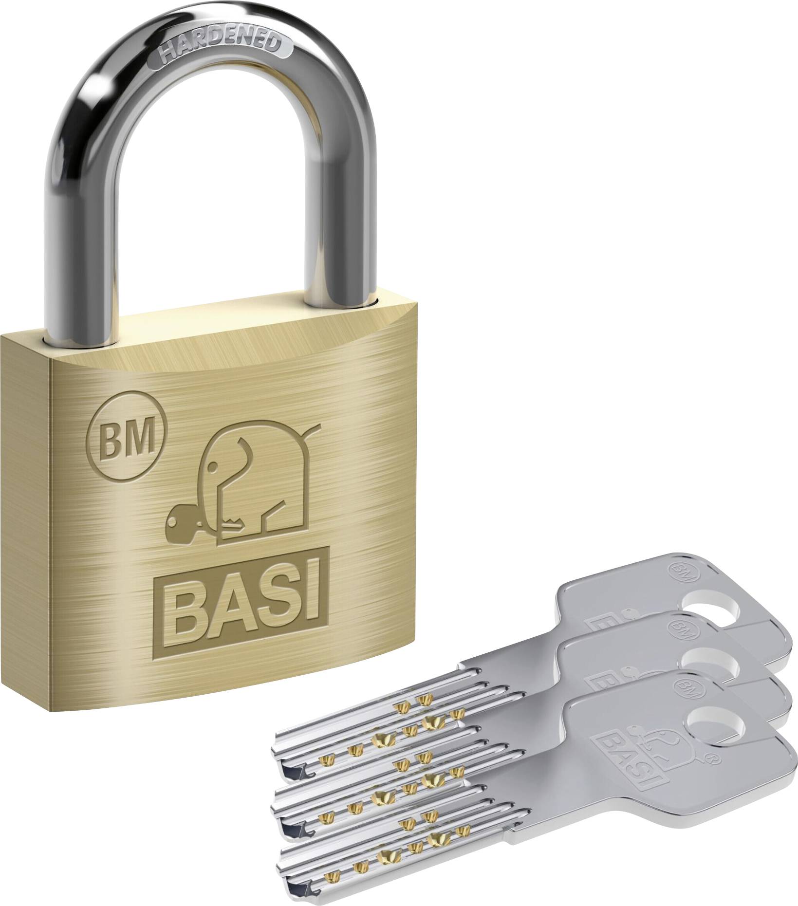 Een messing hangslot met gegraveerd olifantlogo en 'BASI'-branding, vergezeld van drie zilveren sleutels ontworpen voor het slot.