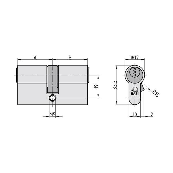 Technische tekening van een cilindersluiting met maatvoering in millimeters. Links zijaanzicht, rechts vooraanzicht met sleutelprofiel.