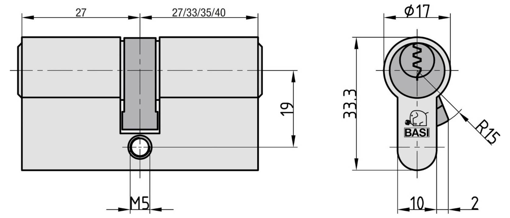 Technische tekening van een cilinderslot, met afmetingen zoals breedte, diameter en gaatplaatsingen, voorzien van maatvoering in millimeters.