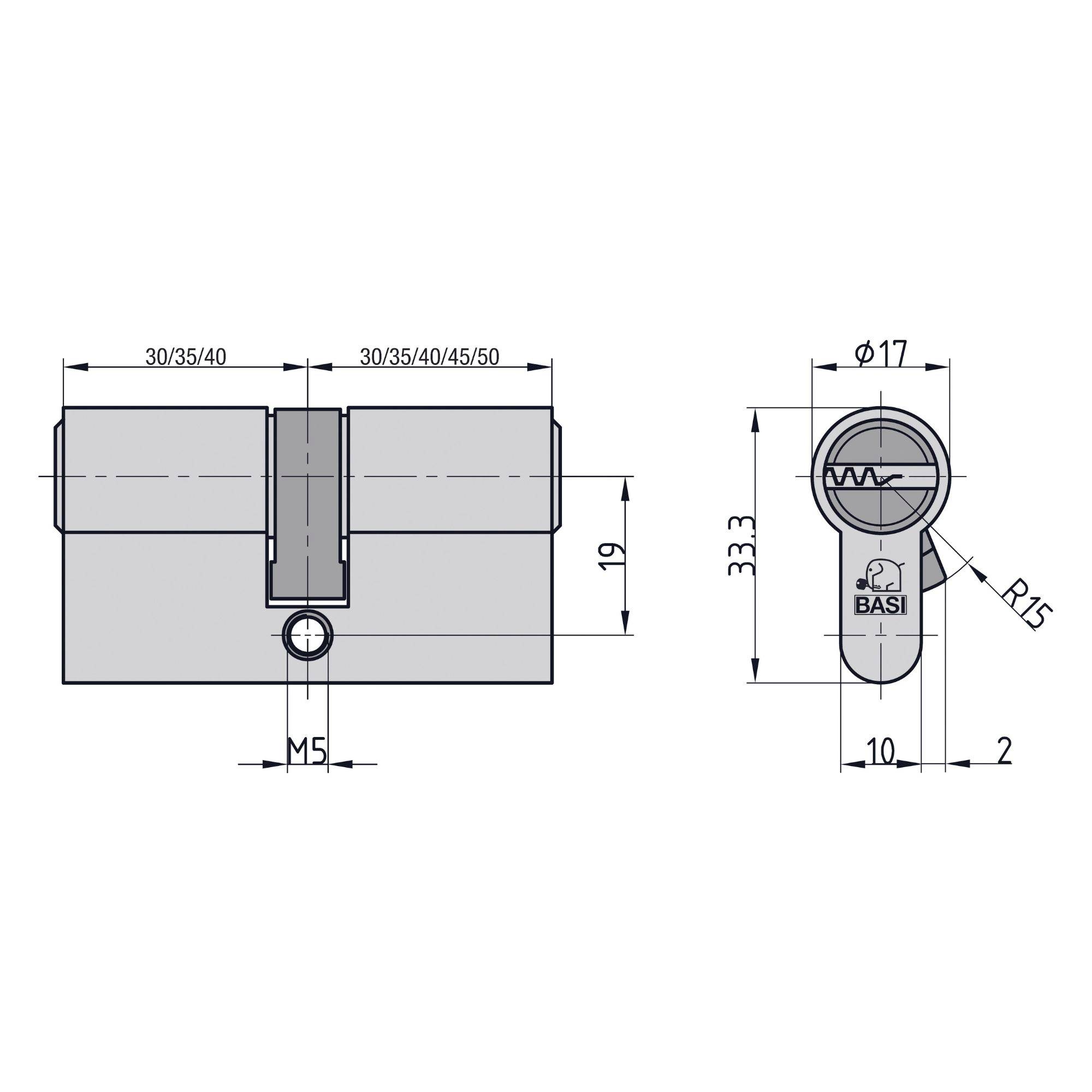 Een technische tekening van een BASI-slot cilinder. Afmetingen worden weergegeven: lengte 30/35/40/45/50, breedte 33,3, hoogte 19, en diameter 17.