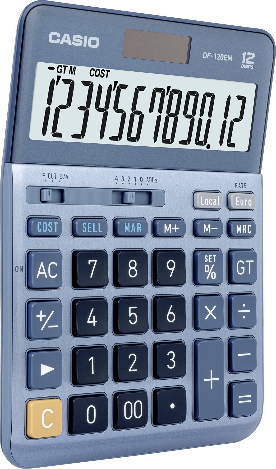 Een blauwe Casio-rekenmachine met grote toetsen. Het display toont de reeks cijfers '1234567890.12'.