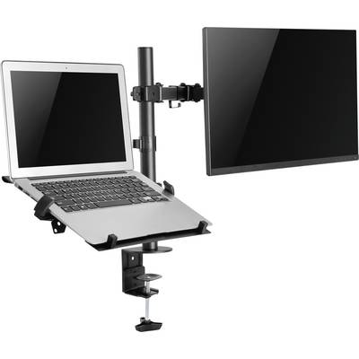 'Laptop en monitor bevestigd op een dubbele monitorarm, vormen samen een ergonomische werkplek.'