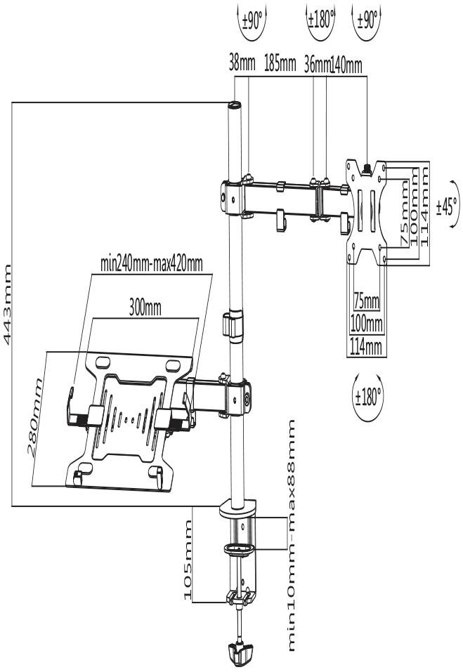 Tekening van een verstelbare monitorarm met afmetingen: Hoogte 443 mm, breedte 300 mm. Draai- en kantelhoeken zijn aangegeven.