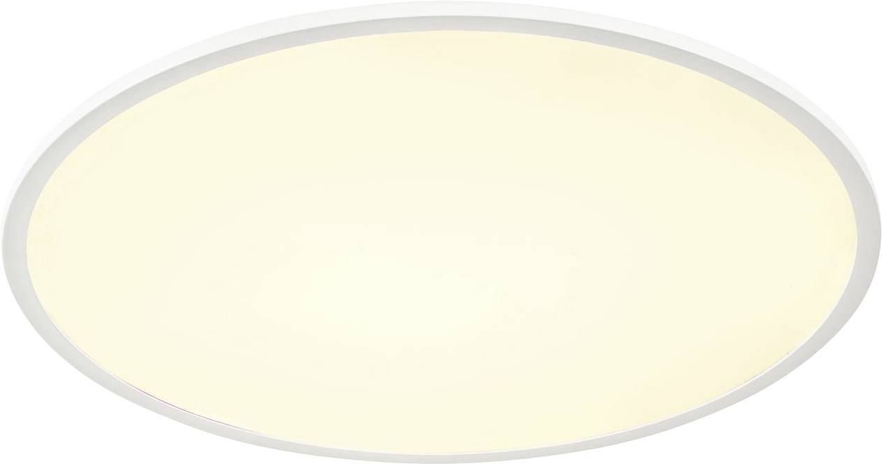 Een ronde, witte plafondlamp die zacht, diffuus licht uitstraalt.