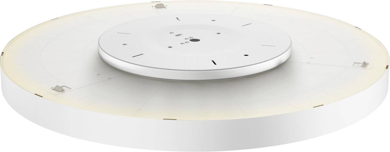 Ronde, platte LED-plafondlamp van wit metaal met centrale bevestiging, geschikt voor moderne woonruimtes.