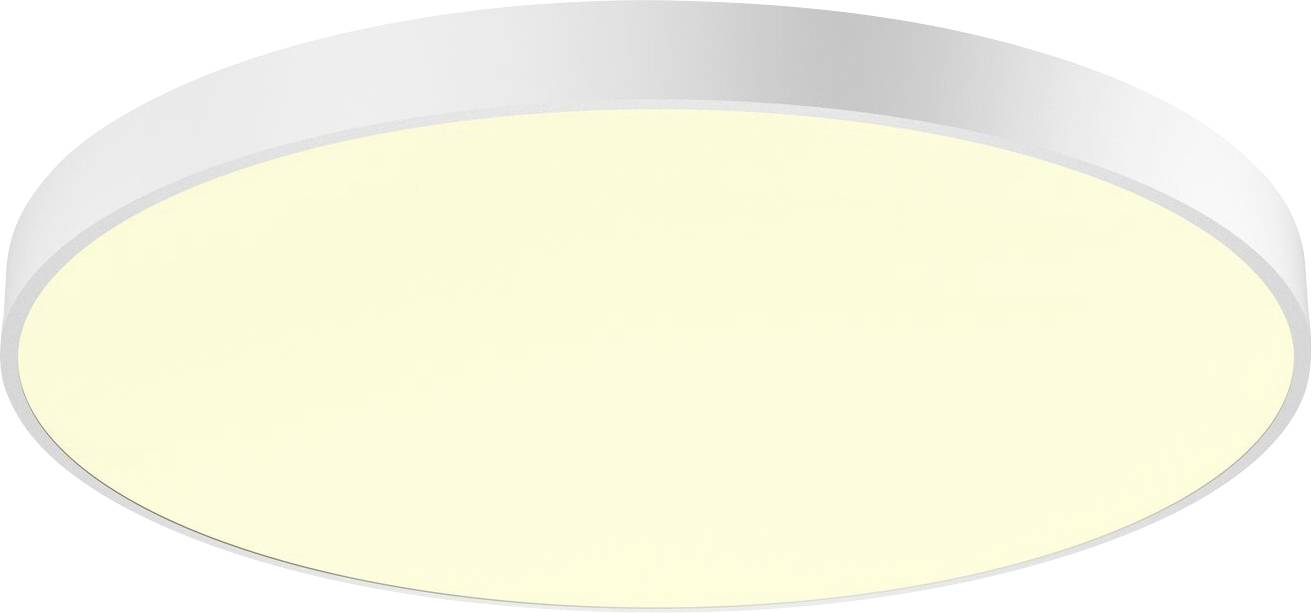 Ronde, moderne plafondlamp met warmwit licht, geschikt voor woon- of kantoorruimtes, met een strak, plat design.