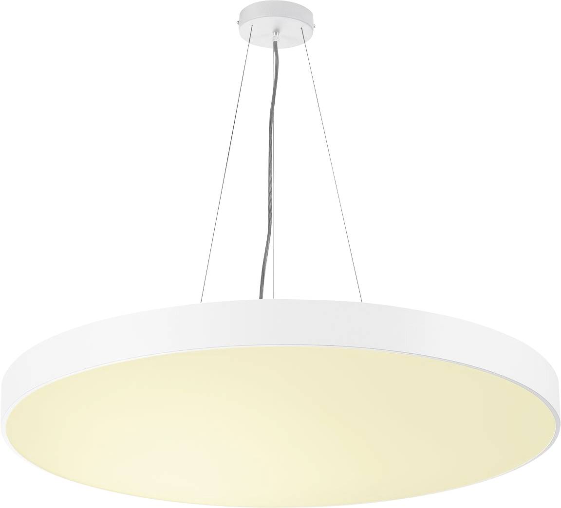 Ronde, witte hanglamp met een strak design, zacht verlichtend. Ze hangt aan een dun snoer van het plafond.