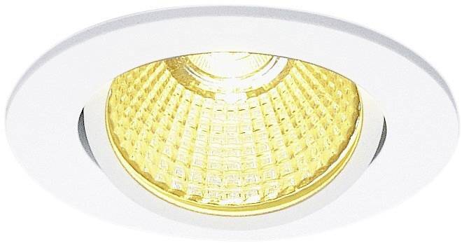 Een witte, ronde inbouwspot met een gele led-lamp in het midden, die gelijkmatig licht uitstraalt.