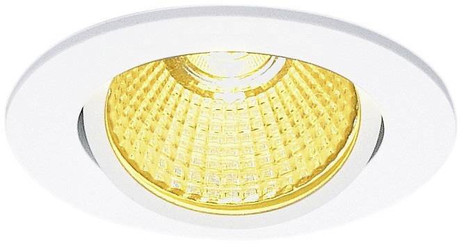 Inbouwlamp met een rond, wit frame en een gele LED-reflector, geschikt voor plafondmontage in interieurinrichting.