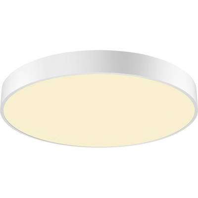 Ronde, platte plafondlamp met warm, gelijkmatig licht in wit en geel.