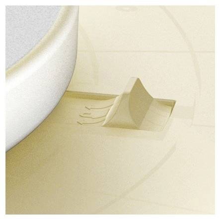 Een wit, gebogen object op een crèmekleurige achtergrond met een kleine, halfcirkelvormige verhoging en fijne lijnen ernaast.