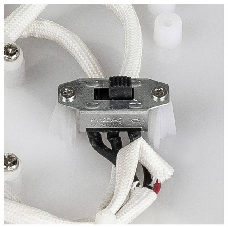 Een schakelaar met de opdruk '6A 125VAC' is aangesloten op witte en zwarte kabels. Hij is bevestigd op een witte oppervlakte.