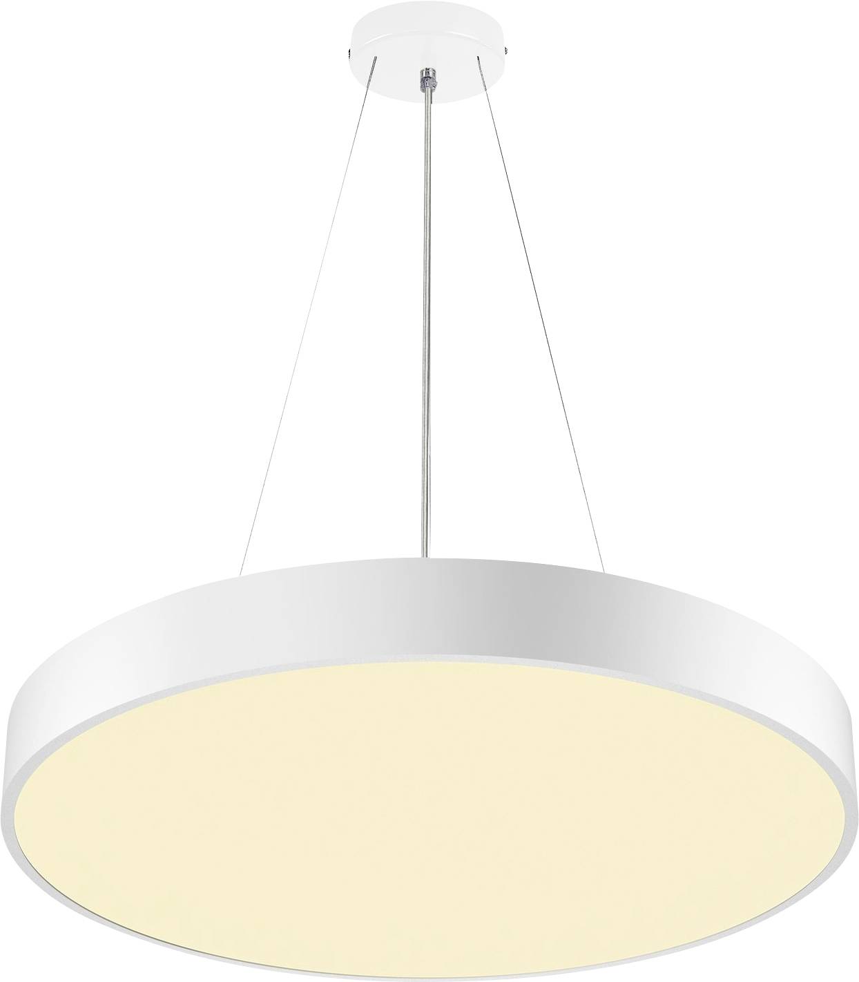 Moderne, ronde plafondlamp met een wit behuizing en warm licht, opgehangen aan drie dunne kabels.