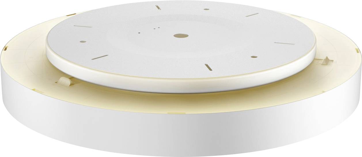 Een ronde, moderne plafondlamp met een strak, wit design en een zachte, warme lichtgloed langs de randen.