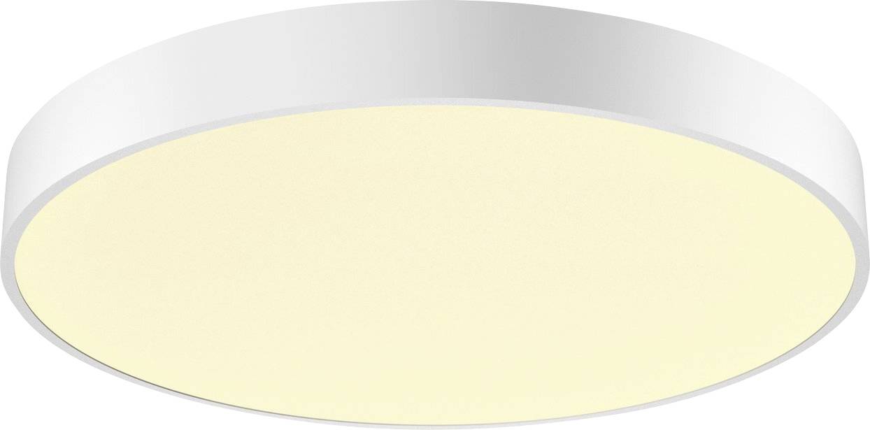 Ronde plafondlamp met witte rand en warm geel licht, geschikt voor moderne interieurs.