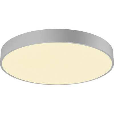 Ronde plafondlamp met grijze rand en warm, gelijkmatig licht, geschikt voor moderne interieurs.