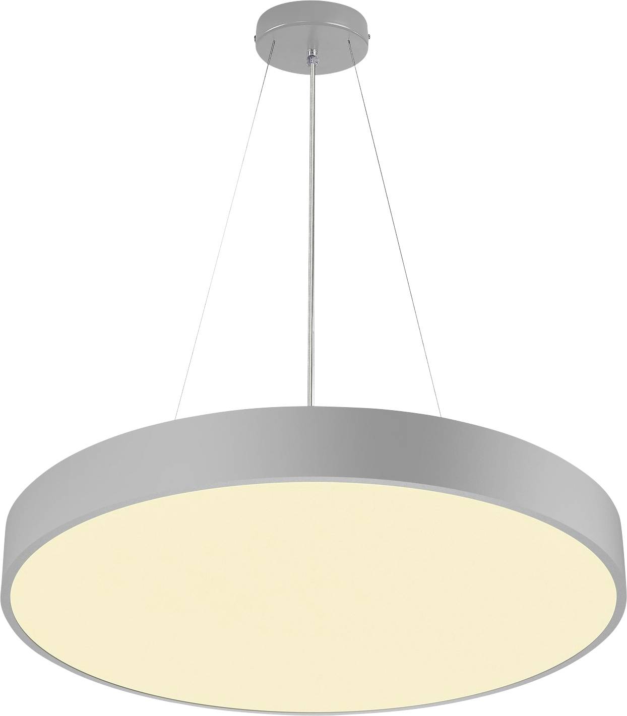 Zilveren, ronde plafondlamp met diffuse lichtverspreiding, opgehangen aan dunne draden. Modern, minimalistisch ontwerp.