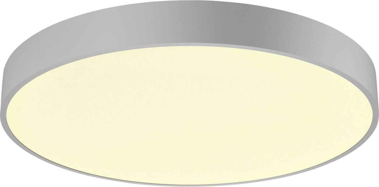 Ronde plafondlamp met zilveren rand en warm licht. Ideaal voor moderne interieurs.