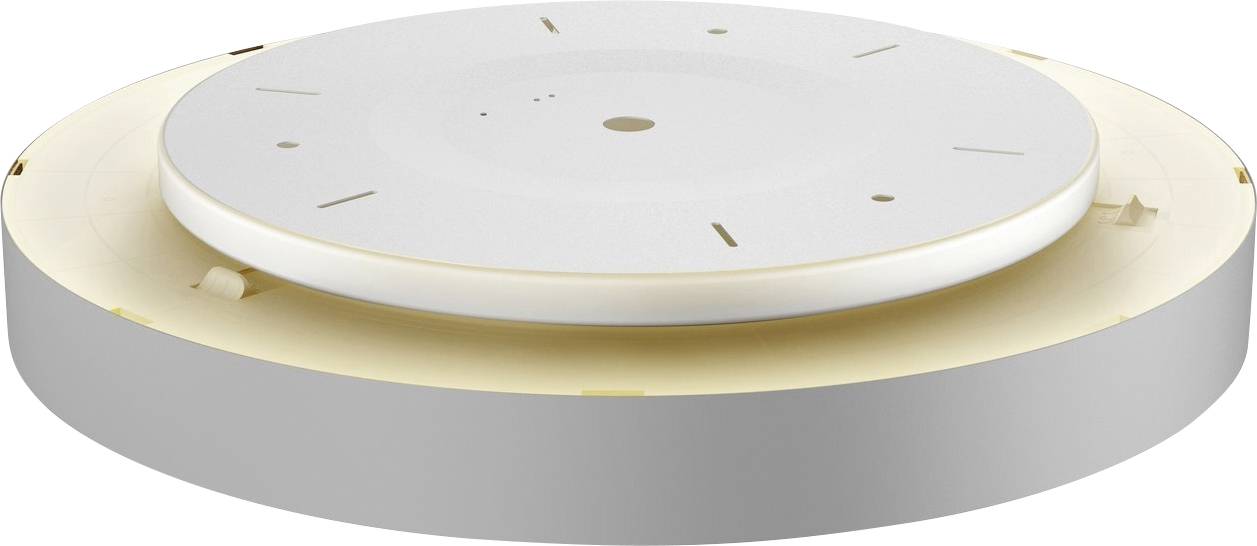Een platte, ronde plafondlamp met een witte oppervlakte en grijze rand. Hij verspreidt een zacht, warm licht.